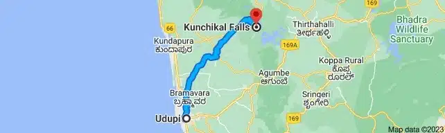 Udupi to Kunchikal falls distance